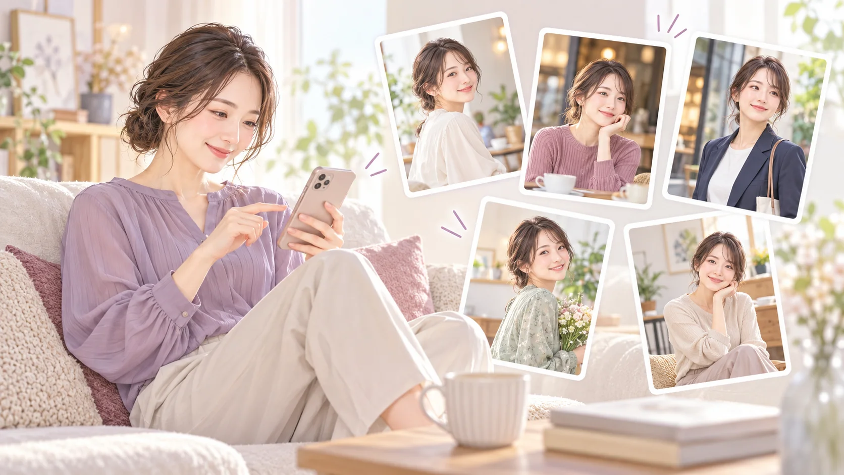 私服の成人女性が衣装や背景の違う写真候補をスマートフォンで選ぶ説明用AIイラスト