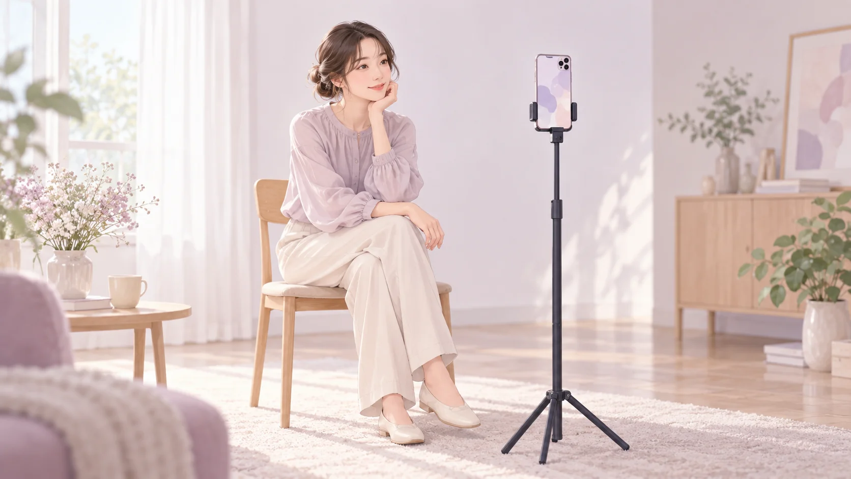 椅子に座ってスタンドのスマートフォンで自撮りする成人女性の説明用AIイラスト
