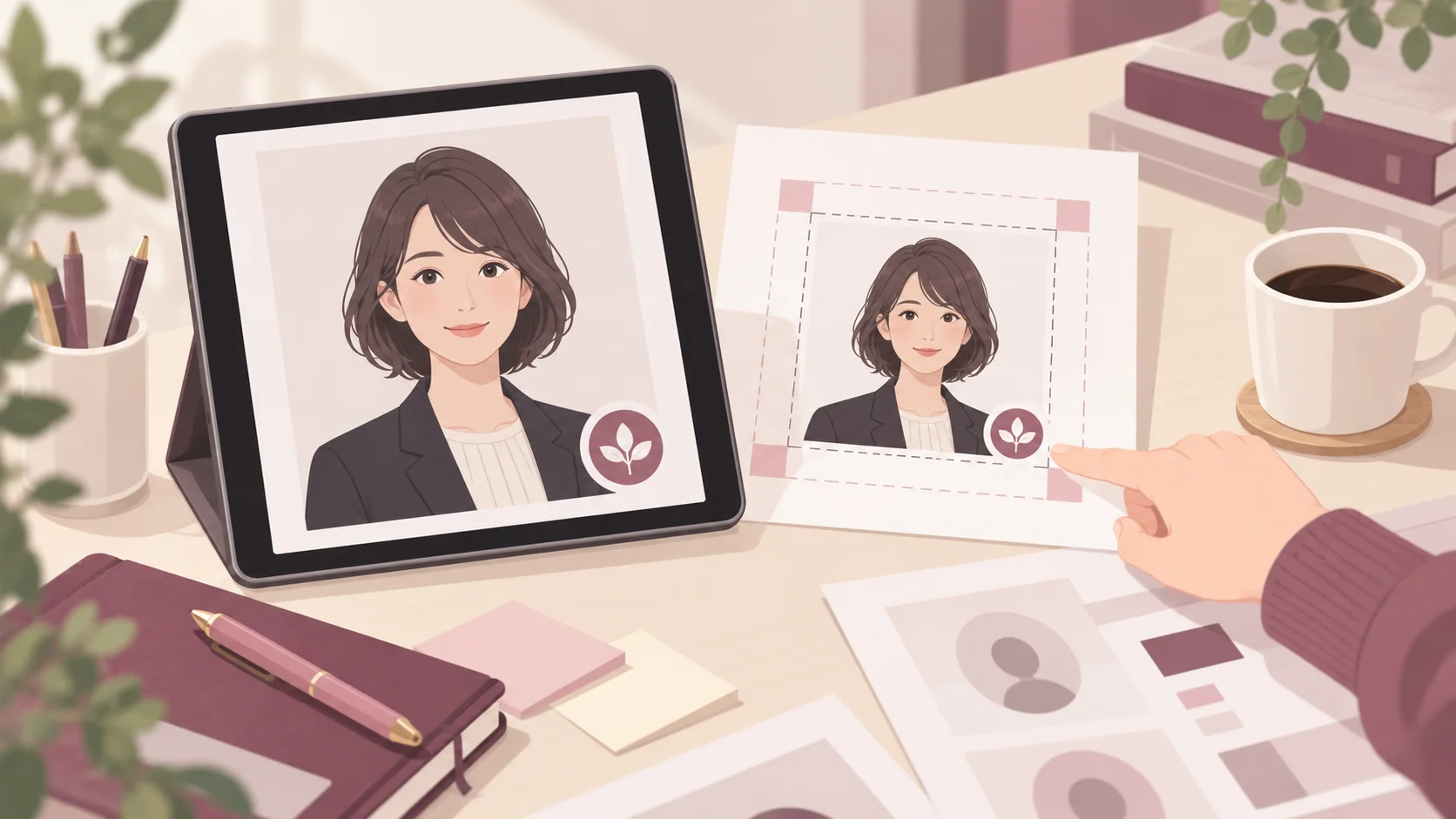 店舗写真のロゴ位置と余白をタブレットで確認する説明用AIイラスト